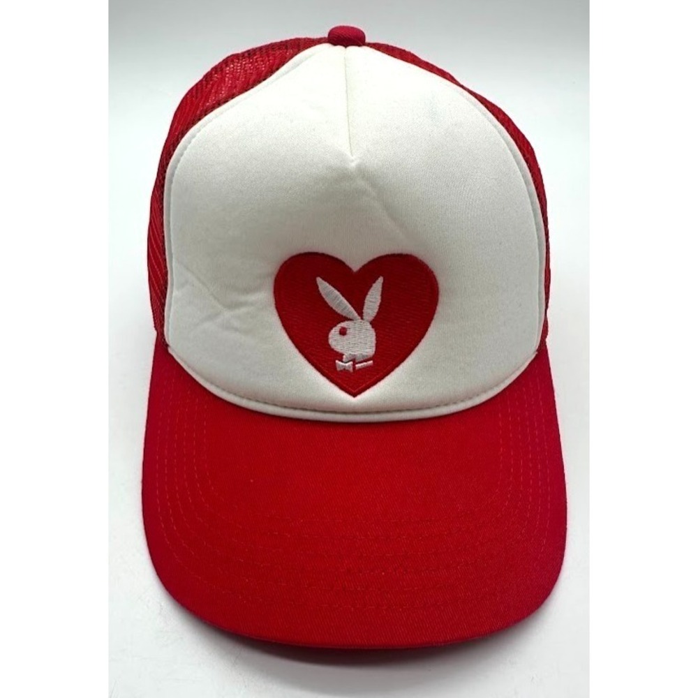 Playboy Heart Bunny Logo Trucker Hat Red White Mesh Snapback Adjustable Cap